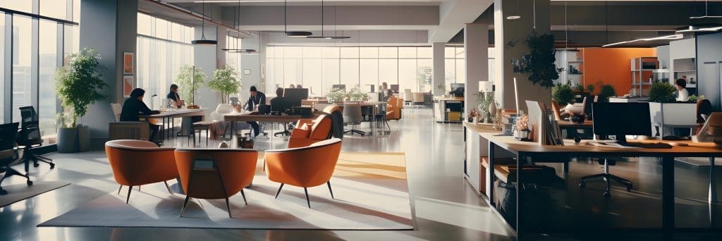 An office with large windows and tables and computers