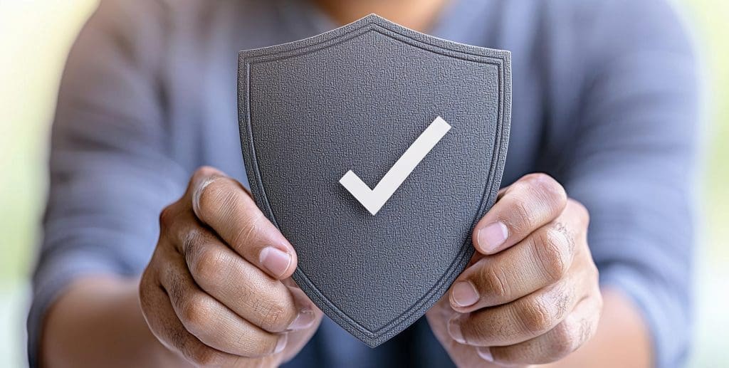 Businessman pressing security shield with check mark icon with blurred office backg