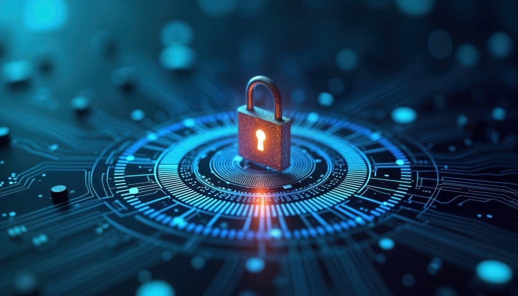 Secure tech system safeguards data. Futuristic circuit board graphic shows secure system. AI protects healthcare, life insurance info. Cybersecurity data safety key themes. Innovative solution