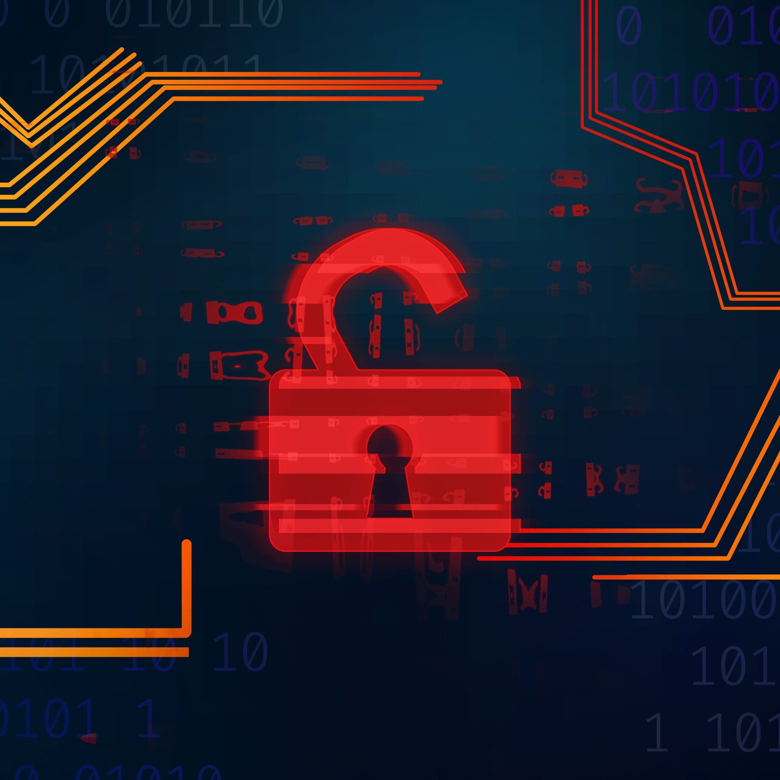 Cyber security concept. Illustration of red opened padlock lock on digital screen, panorama