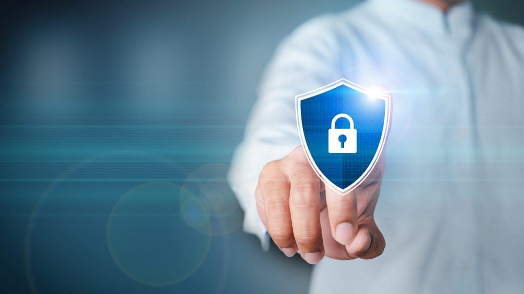 Data or network protection, business people press shield icon, virus security. Data protection and insurance Business security concepts, information security against virus. binary number 1010.