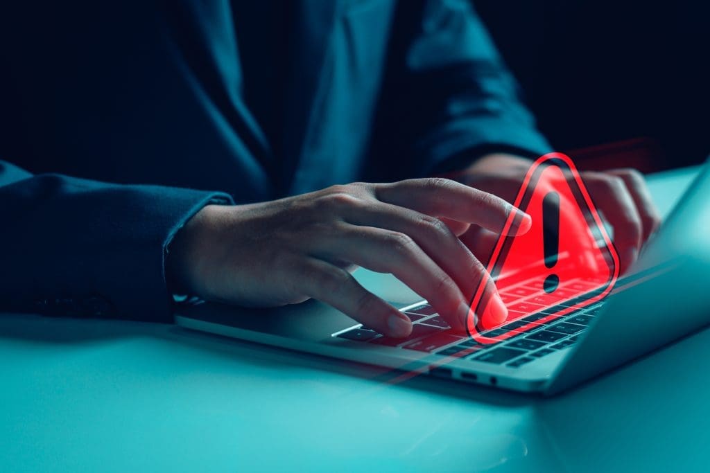 Scam alert, software warning fraud, cyber security. Hacker detection cyber attack on computer network, virus, spyware, malware, malicious software and cybercrime, online website. Protect information