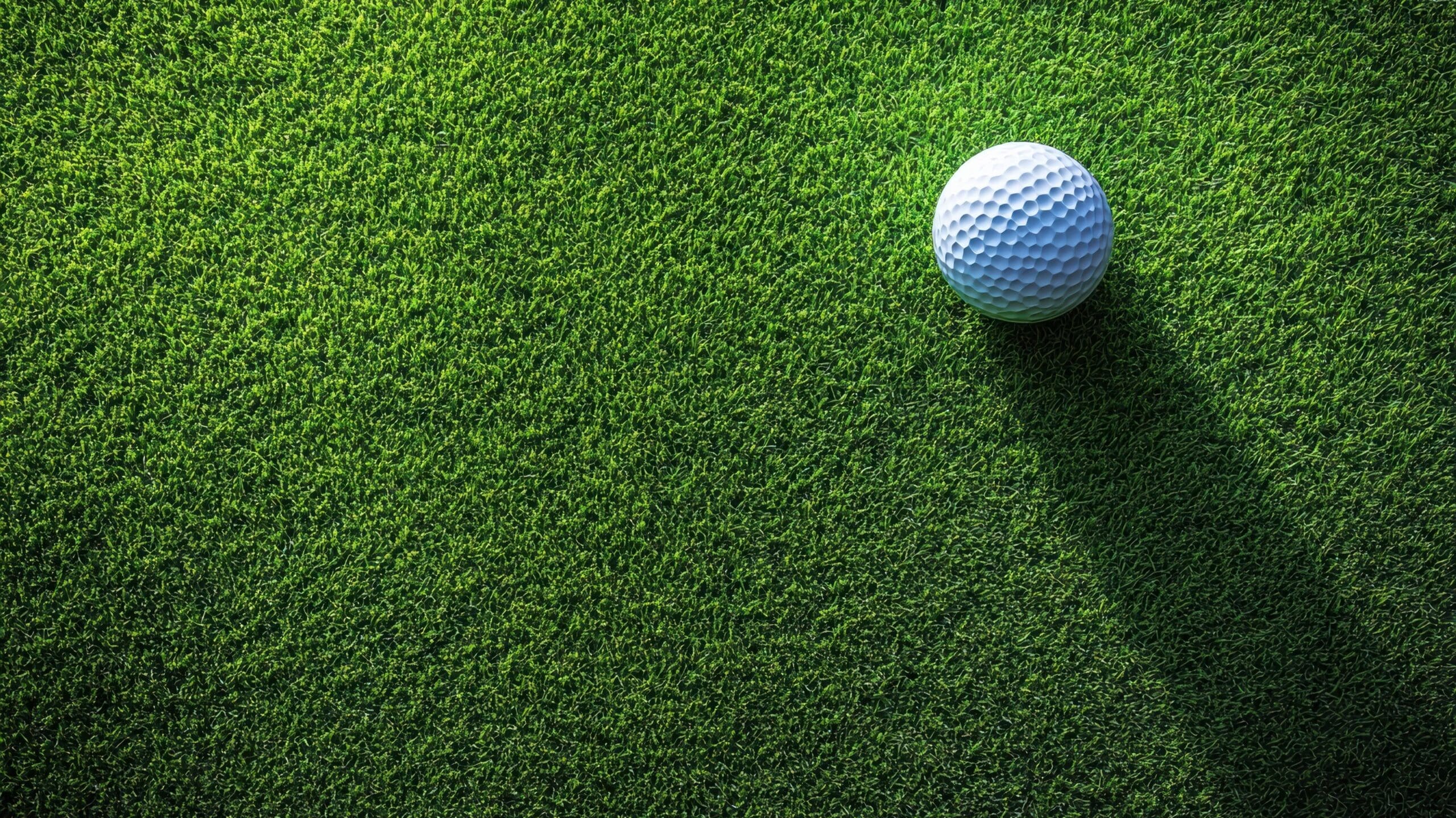 White golf ball casting a subtle shadow on a meticulously manicured putting green, offering a top-down view of the lush texture
