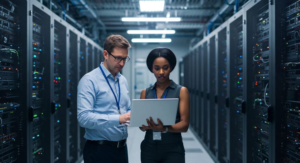 Two people looking at a laptop in a server room.