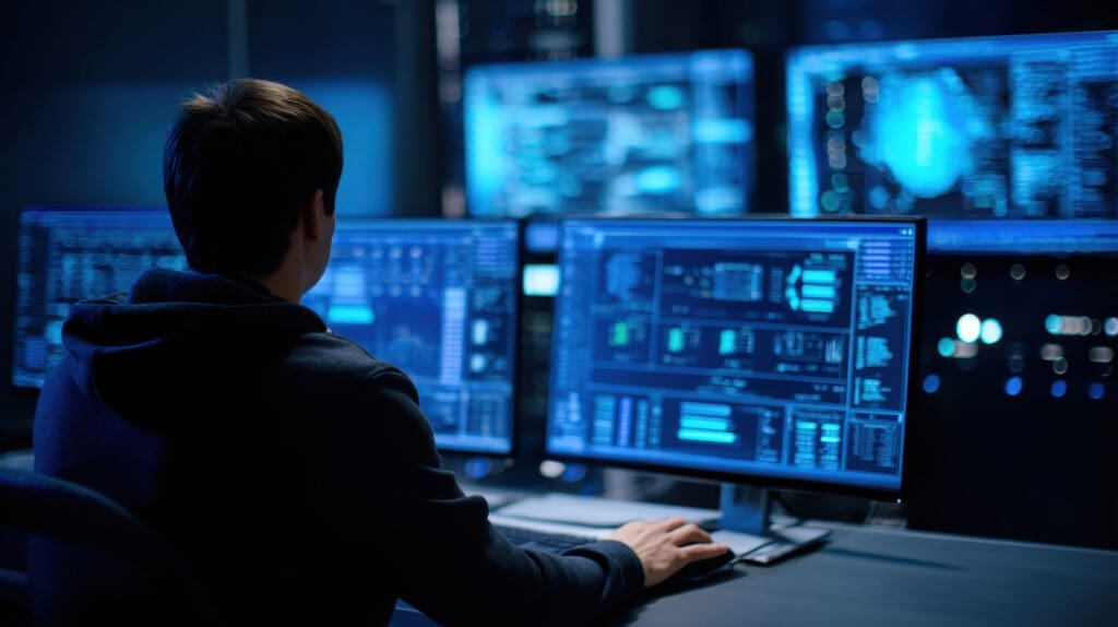 A person monitoring networks from a computer center.