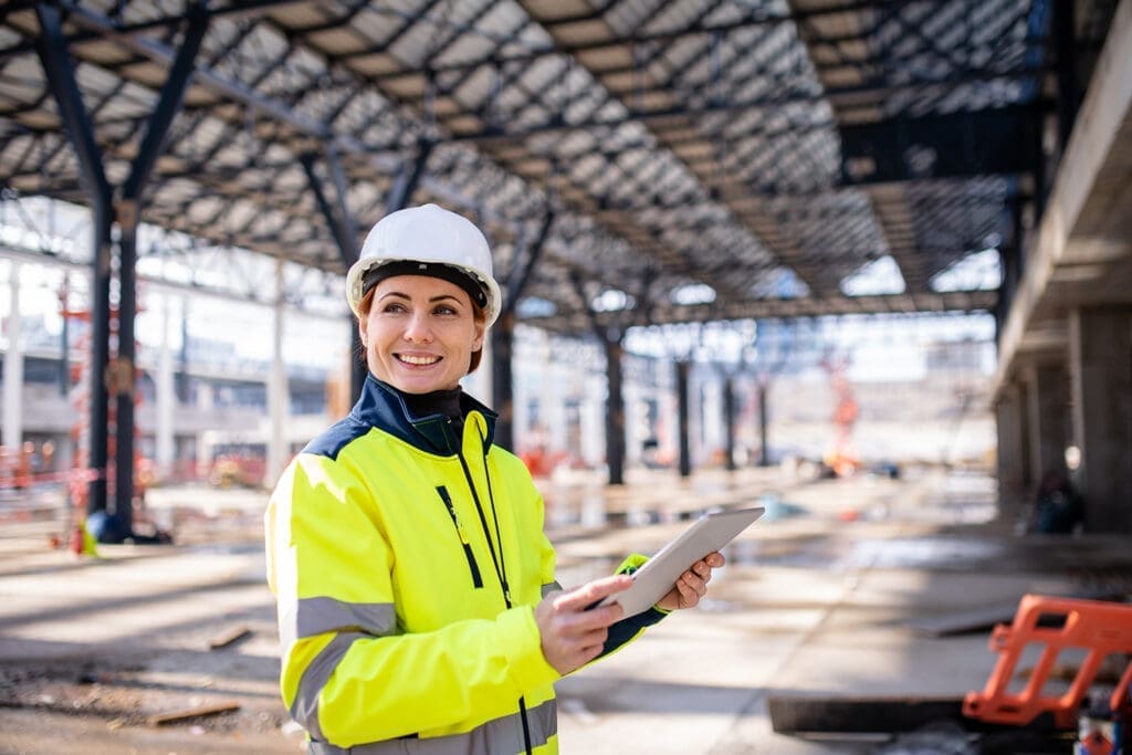 A person in construction gear smiling and holding a tablet.
